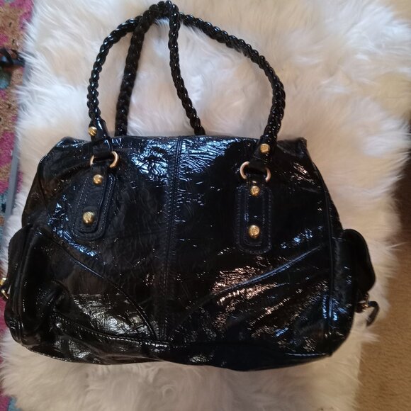New Vintage Patent Leather Satchel with Gold Hardware - Picture 2 of 11